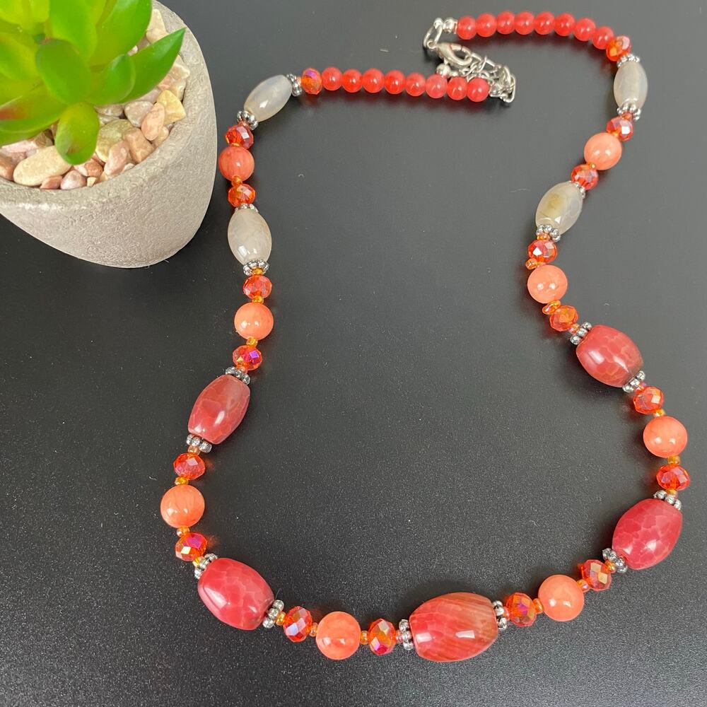 Chunky Pink Orange Fire Agate Bead Necklace Faceted Crystal Silver Statement